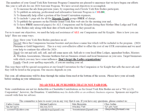 2026 Grand York Rite Souvenir Program Ad Form