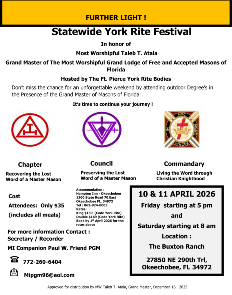 York Rite Letters 2026 Statewide York Rite Festival β Grand York Rite of Florida